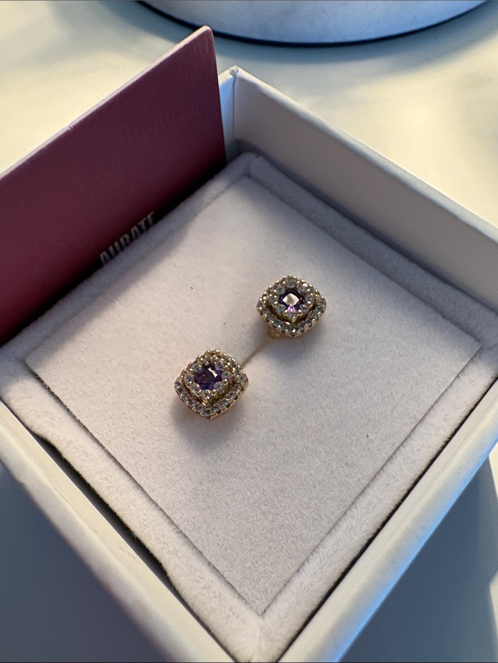 Aurate Gold and Purple Cushion-Cut Earrings like new - Picture 4 of 8